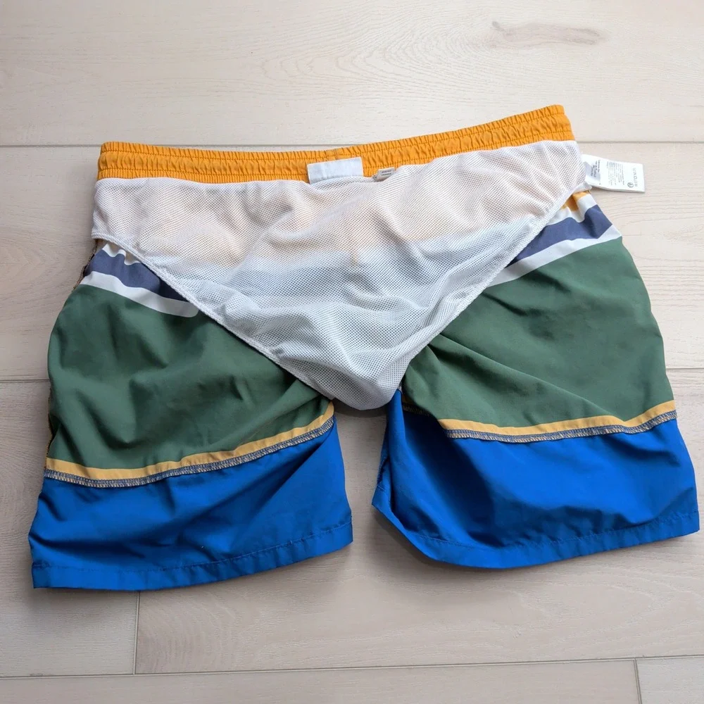 Lacoste Swim Trunks Mens L Mesh Lined Colorblock Yellow Green Blue Stripe MH2764